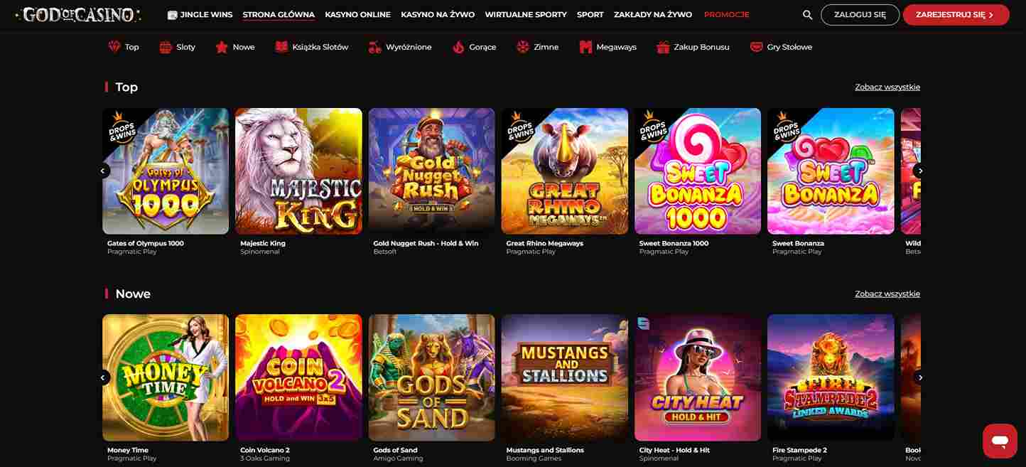 GodOfCasino – лобі онлайн-казино з популярними слотами, такими як Gates of Olympus, Majestic King та Sweet Bonanza